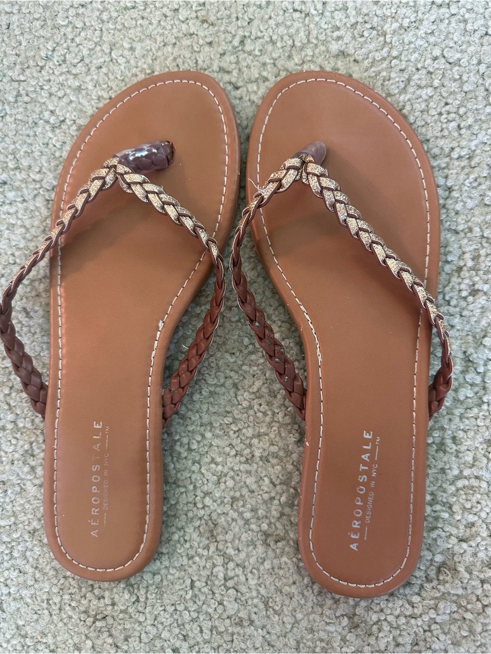Aeropostale Tan Braided Thong Sandals with Gold Accent